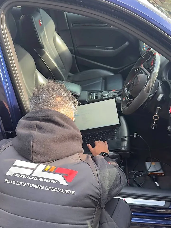 Finish Line Remaps technician calibrating a customer's 2018 Audi S3 8V with Autotuner — Stage 1+ ECU and S-tronic gearbox tune in progress