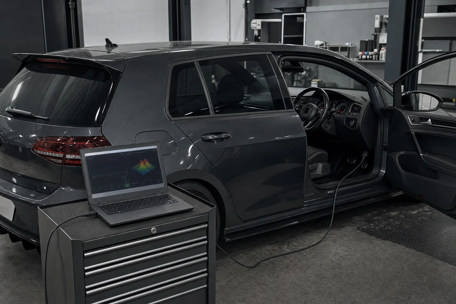 Professional custom ECU remapping with diagnostic laptop connected to a right-hand drive Volkswagen