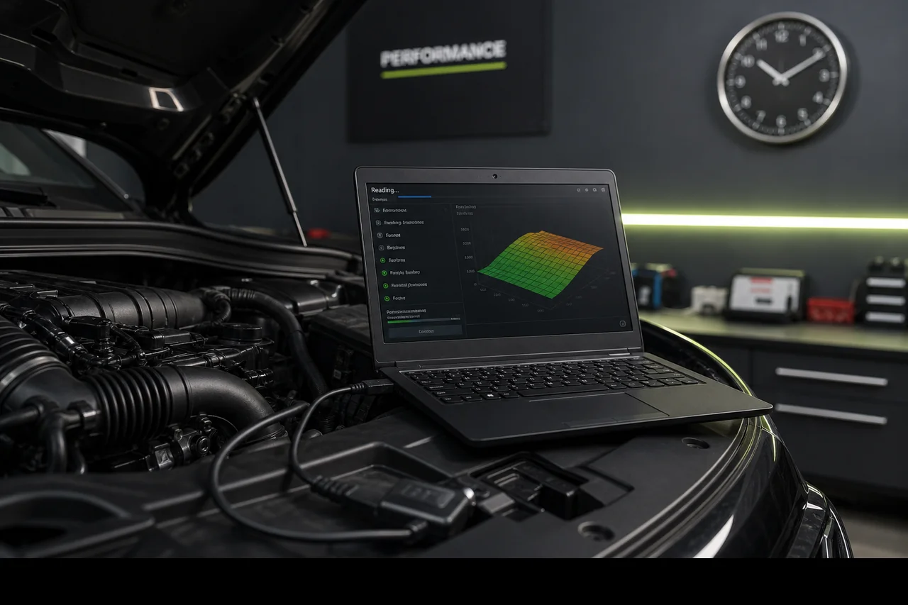 ECU remapping session in progress with diagnostic laptop in a UK tuning workshop