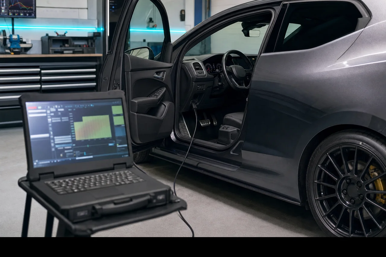 Workshop remap appointment with OBD diagnostic laptop connected to a right-hand drive car