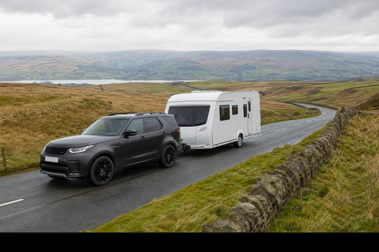SUV towing a caravan on a Lancashire A-road hill
