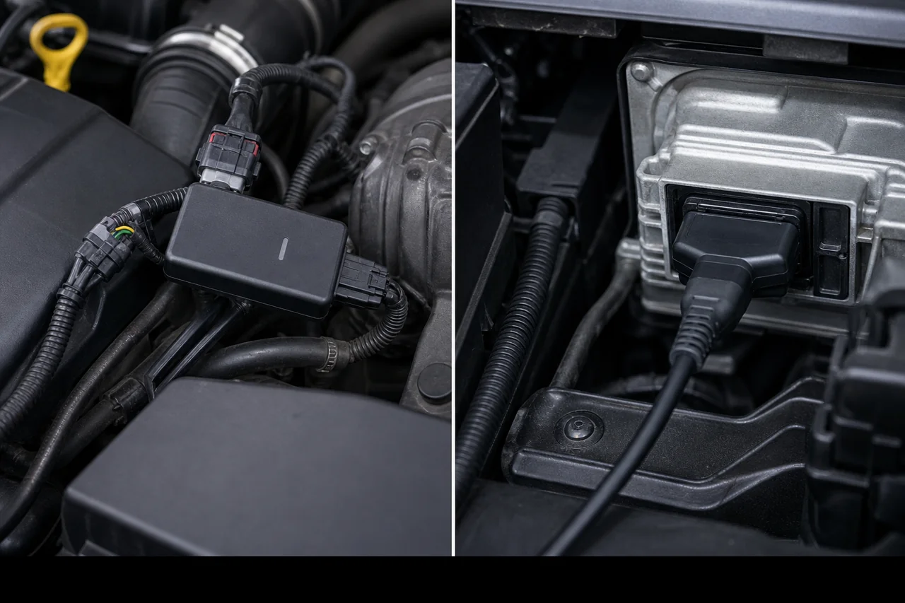 Engine bay comparison of plug-in tuning box wiring versus OBD ECU remap flash cable