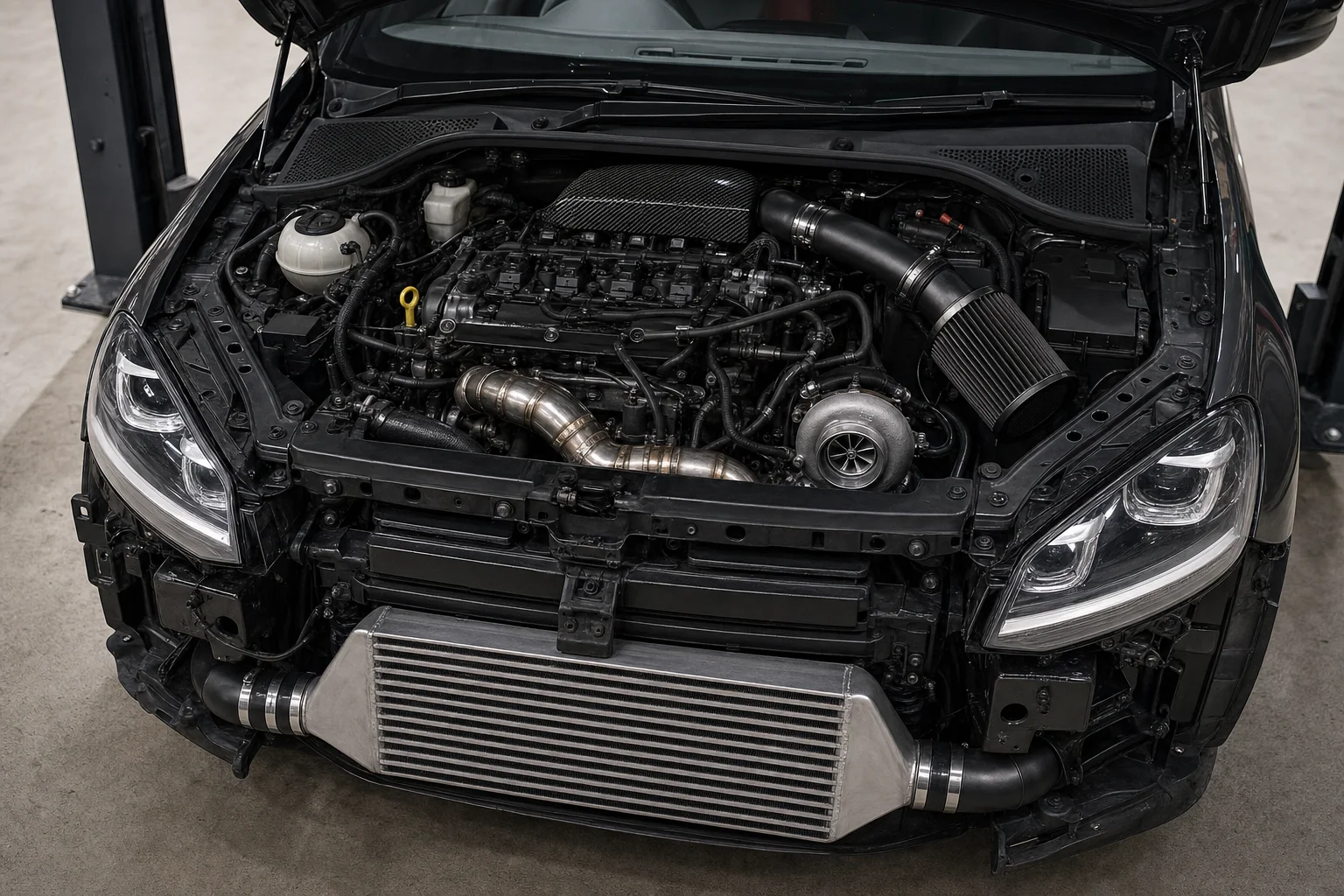 Volkswagen engine bay with Stage 2 performance hardware in a UK tuning workshop