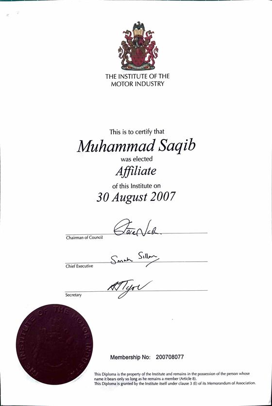 Institute of the Motor Industry Affiliate membership diploma