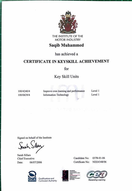 IMI Certificate in Key Skill Achievement