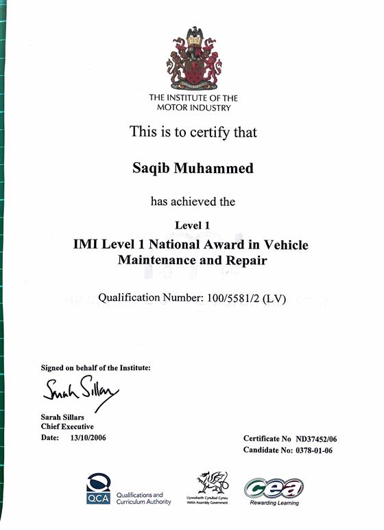 IMI Level 1 National Award in Vehicle Maintenance and Repair certificate