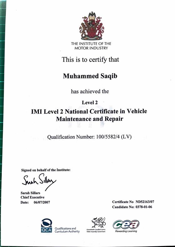 IMI Level 2 National Certificate in Vehicle Maintenance and Repair certificate