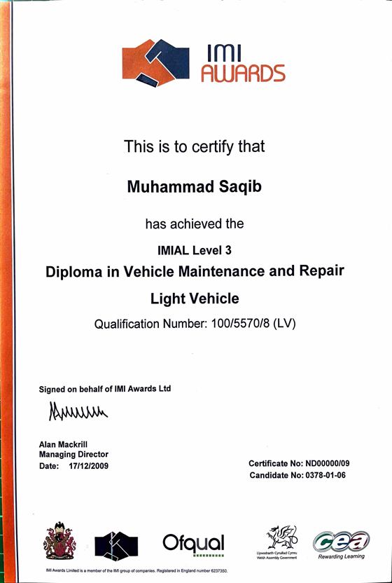 IMIAL Level 3 Diploma in Vehicle Maintenance and Repair certificate, awarded by IMI Awards